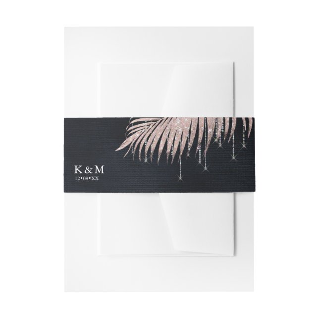 Jewel Palm Leaf Wedding Rose Gold/Navy ID830 Invitation Belly Band (Front Example)