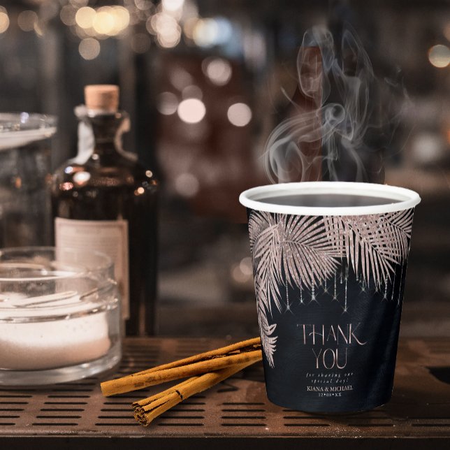 Jewel Palm Leaf Wedding Rose Gold/Navy ID830 Paper Cups (Creator Uploaded)