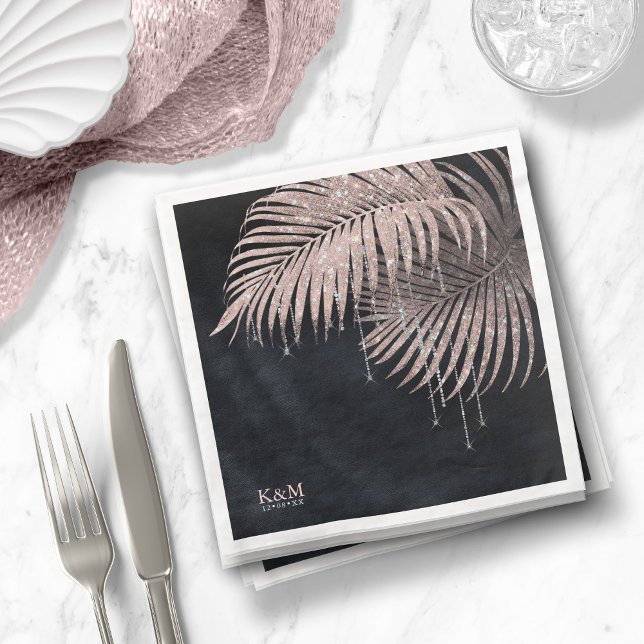 Jewel Palm Leaf Wedding Rose Gold/Navy ID830 Paper Dinner Napkins (Creator Uploaded)