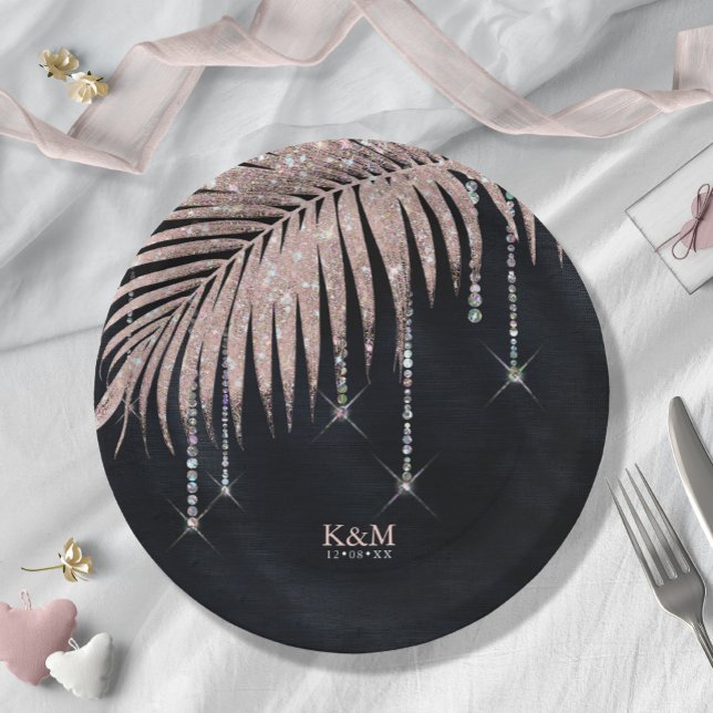 Jewel Palm Leaf Wedding Rose Gold/Navy ID830 Paper Plates (Creator Uploaded)