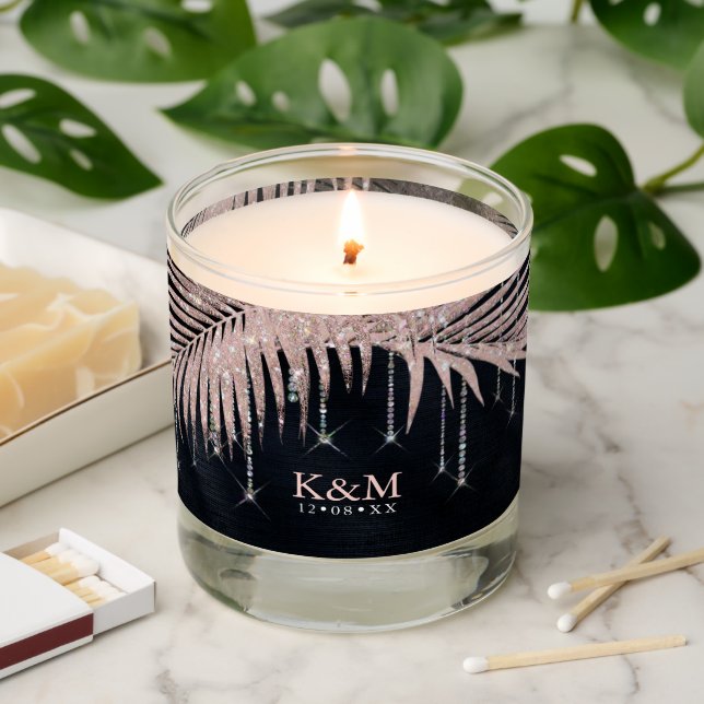 Jewel Palm Leaf Wedding Rose Gold/Navy ID830 Scented Candle (Lit)