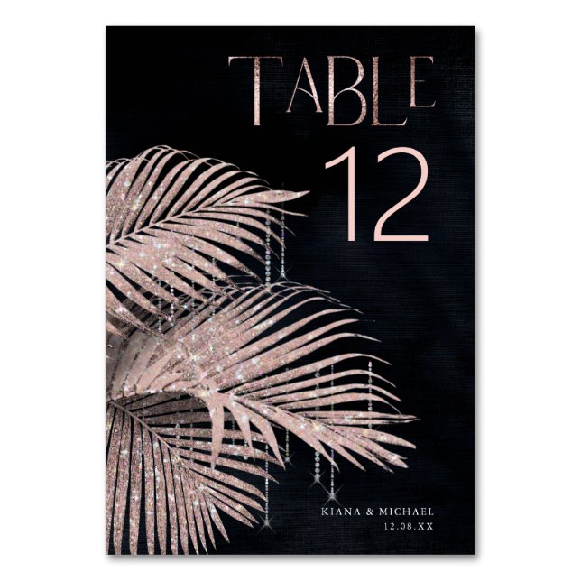 Jewel Palm Leaf Wedding Rose Gold/Navy ID830 Table Number (Front)