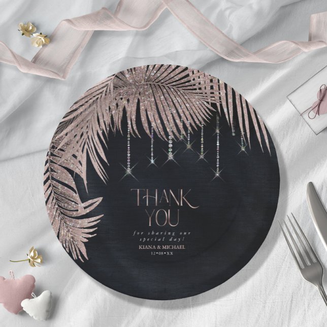Jewel Palm Leaf Wedding Rose Gold/Navy V2 ID830 Paper Plates (Creator Uploaded)