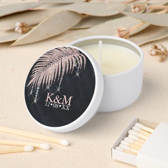 Jewel Palm Leaf Wedding Rose Gold/Nvy ID830 Mini Candle Favors (Insitu)