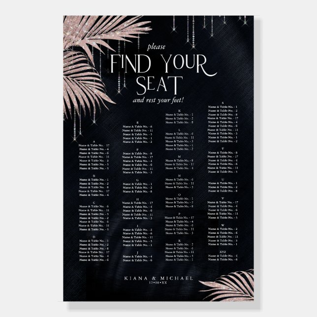 Jewel Palm Leaf Wedding Seating Chart Blush ID830 Foam Board (Front)
