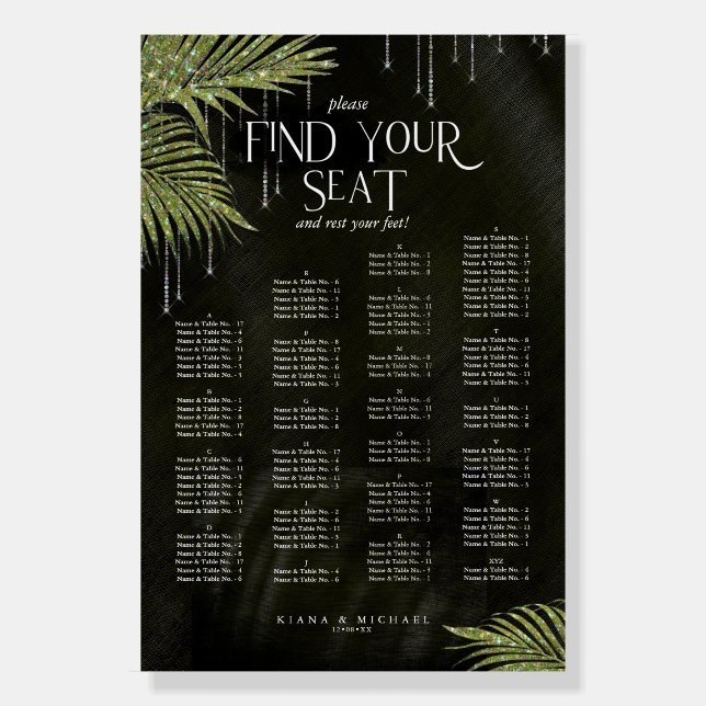 Jewel Palm Leaf Wedding Seating Chart Green ID830 Foam Board (Front)