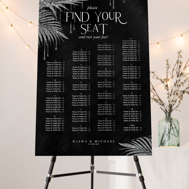 Jewel Palm Leaf Wedding Seating Chart Silver ID830 Foam Board (In Situ (Stand))