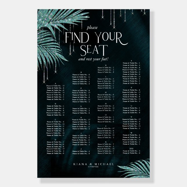 Jewel Palm Leaf Wedding Seating Chart Teal ID830 Foam Board (Front)