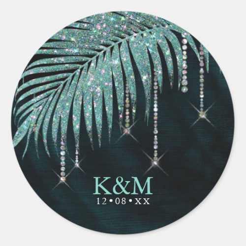 Jewel Palm Leaf Wedding Teal ID830 Classic Round Sticker