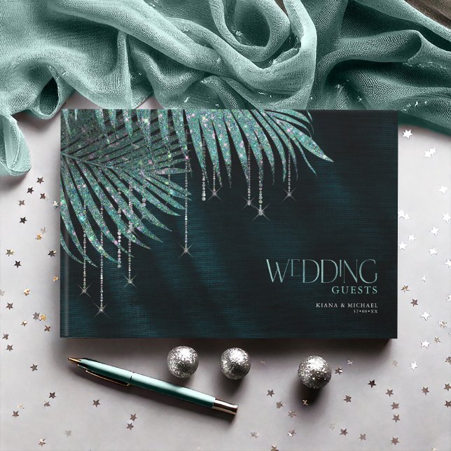 Jewel Palm Leaf Wedding Teal ID830 Guest Book (Creator Uploaded)