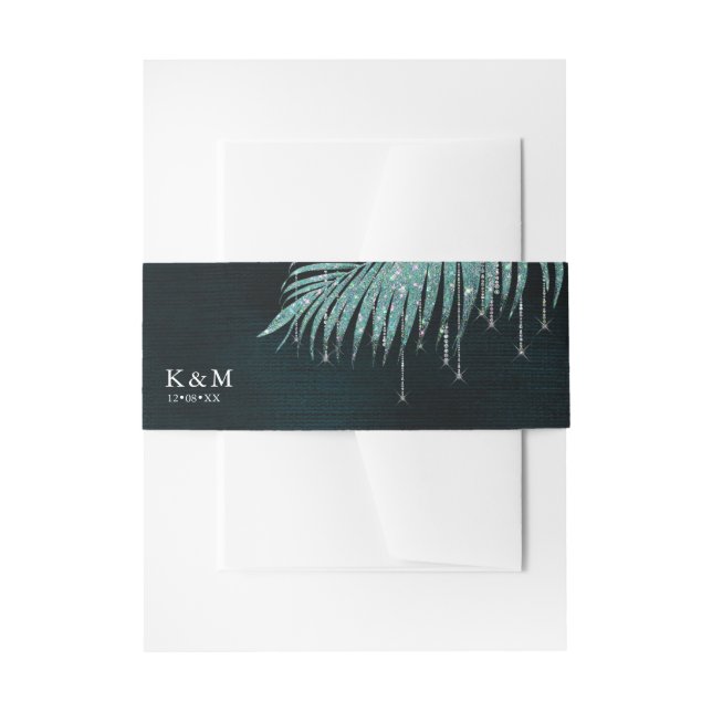 Jewel Palm Leaf Wedding Teal ID830 Invitation Belly Band (Front Example)