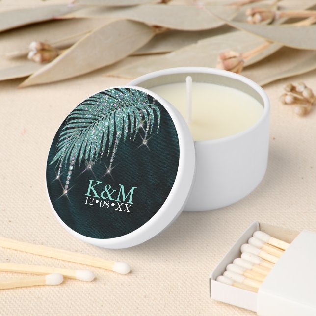 Jewel Palm Leaf Wedding Teal ID830 Mini Candle Favors (Insitu)