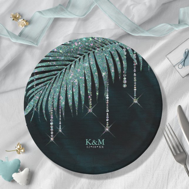 Jewel Palm Leaf Wedding Teal ID830 Paper Plates (Creator Uploaded)