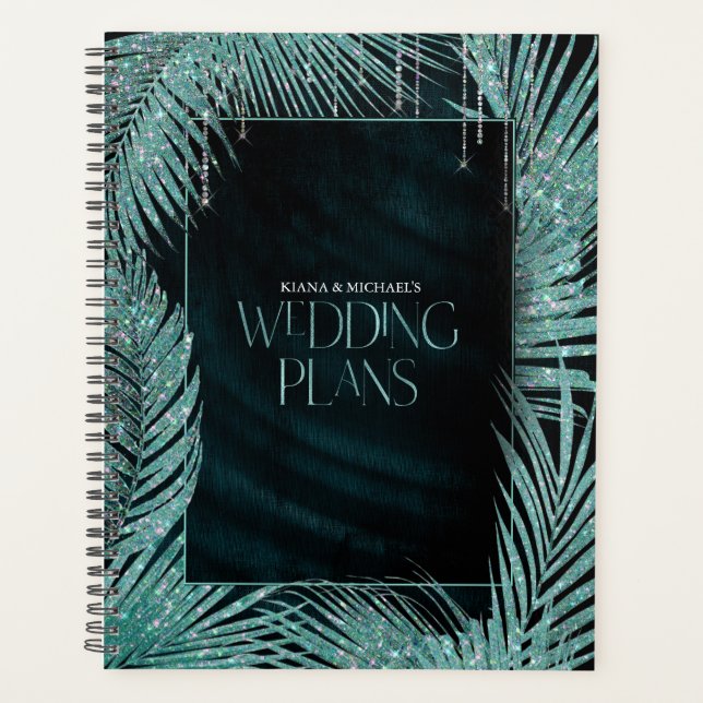 Jewel Palm Leaf Wedding Teal ID830 Planner (Front)