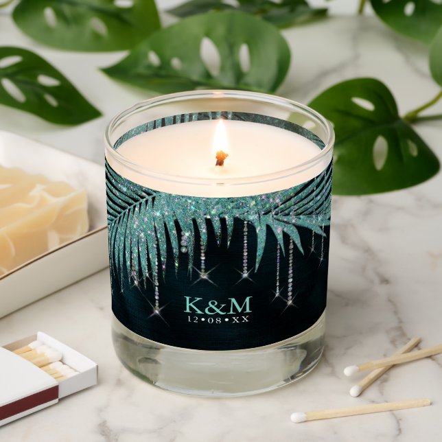 Jewel Palm Leaf Wedding Teal ID830 Scented Candle (Lit)