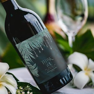 Jewel Palm Leaf Wedding Teal ID830 Wine Label