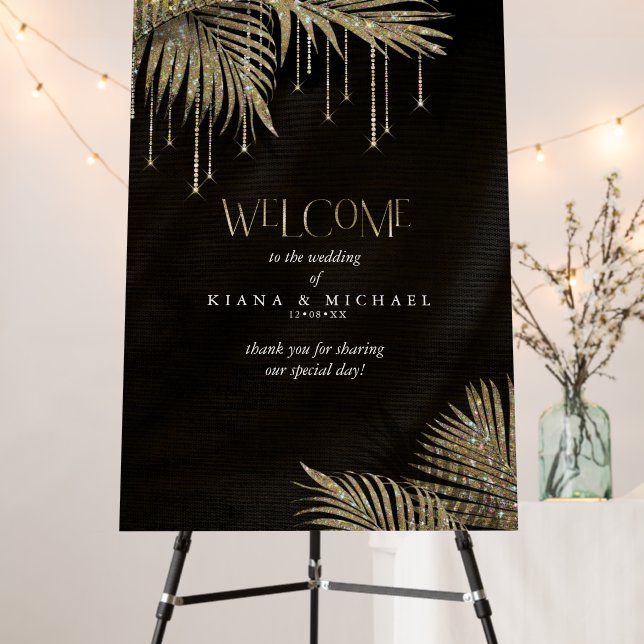 Jewel Palm Leaf Wedding Welcome Gold ID830  Foam Board (In Situ (Stand))