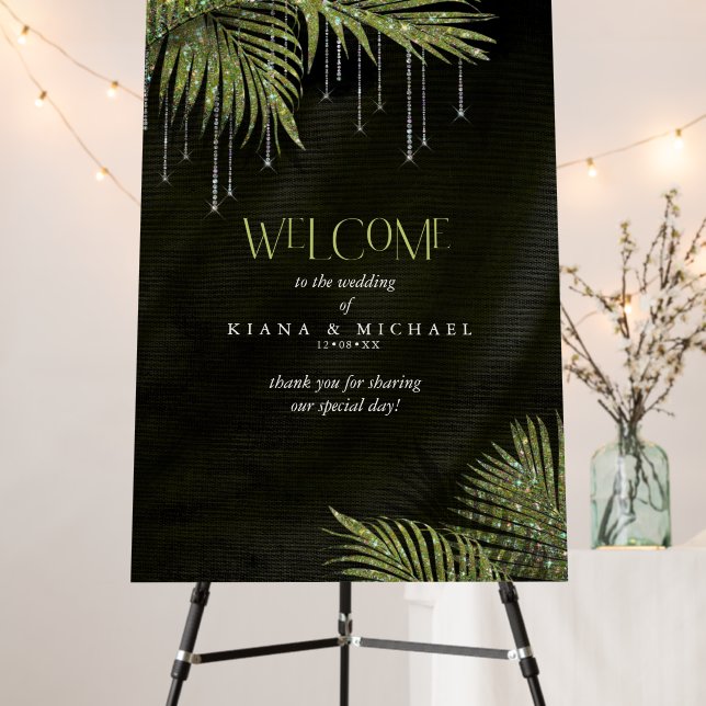 Jewel Palm Leaf Wedding Welcome Green ID830 Foam Board (In Situ (Stand))