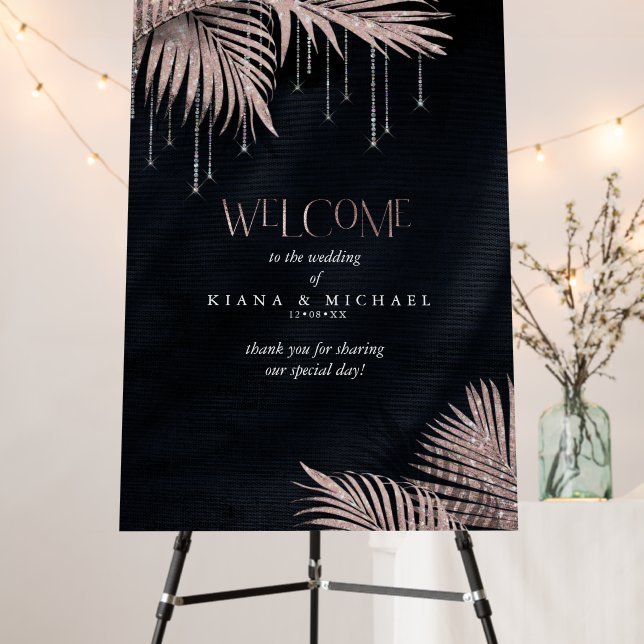 Jewel Palm Leaf Wedding Welcome Rose Gold ID830 Foam Board (In Situ (Stand))