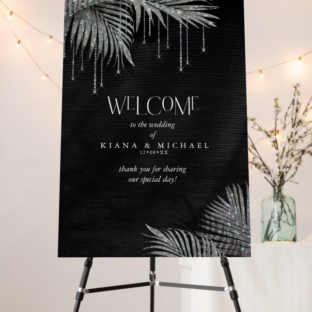 Jewel Palm Leaf Wedding Welcome Silver ID830 Foam Board (In Situ (Stand))