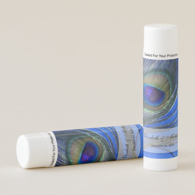 Jewel Peacock Feather Blue Custom Wedding Favors Lip Balm (Front)