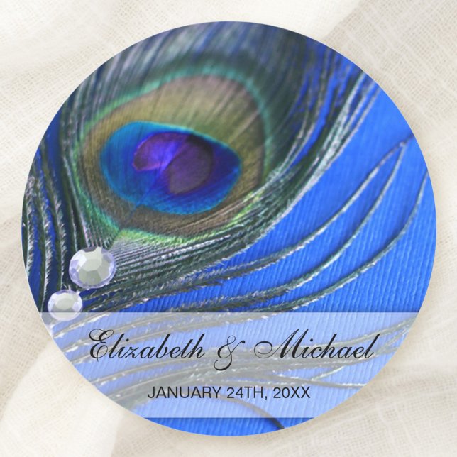 Jewel Peacock Feather Blue Wedding Favor Label (Creator Uploaded)