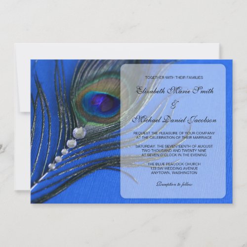 Jewel Peacock Feather Blue Wedding Invitations