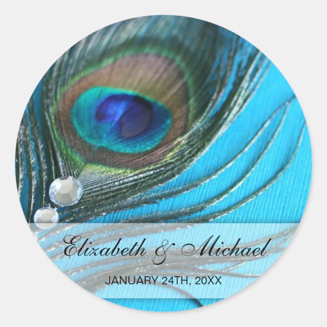 Jewel Peacock Feather Wedding Favor Label (Front)