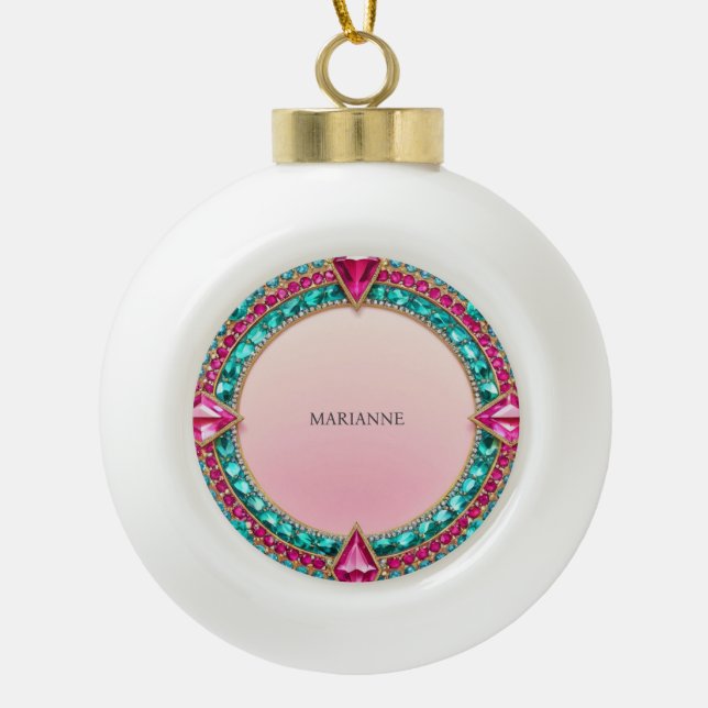 Jewel Pink and Turquoise Ceramic Ball Christmas Ornament (Front)