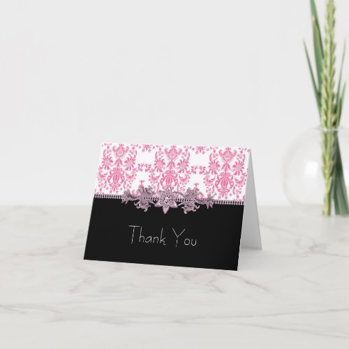 Jewel Pink Black Damask Thank You Cards