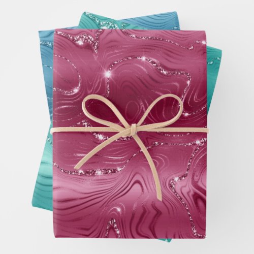 Jewel Pink Mint Aqua Glittery Glitz  Wrapping Paper Sheets