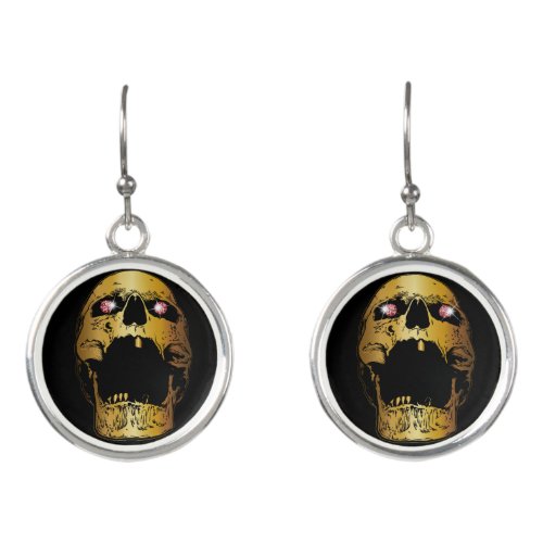 Jewel Ruby Eyes Gold  Skull Earrings