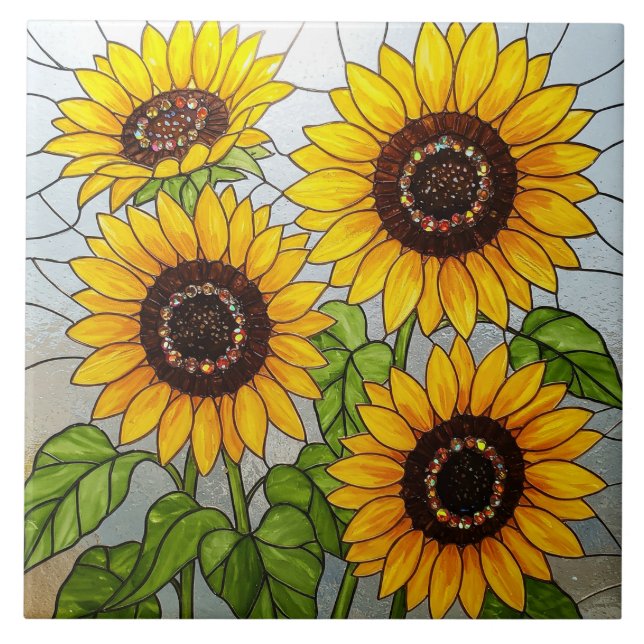 Jewel Sunflowers Stained Glass Effect Ceramic Tile (Front)