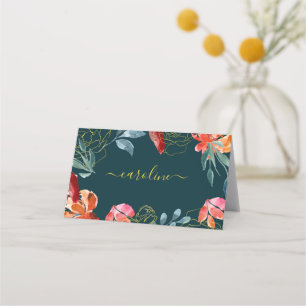 Jewel tone Blue Coral Floral Wedding Table  Place  Card