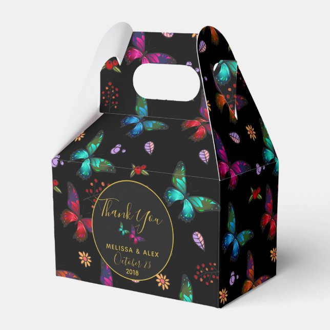 Jewel Tone Butterflies on Black Wedding Thanks Favor Boxes (Front Side)