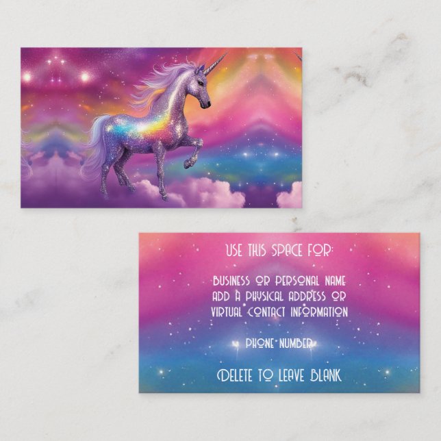 Jewel Tone Cosmic Sparkle Rainbow Glitter Unicorn Business Card (Front/Back)