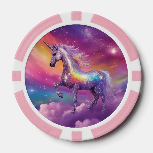 Jewel Tone Cosmic Sparkle Rainbow Glitter Unicorn Poker Chips (Front)