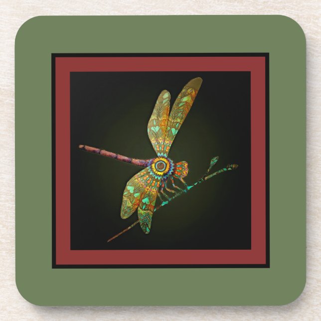 Jewel Tone Dragonfly Meets Mandala on Olive Beverage Coaster (Front)
