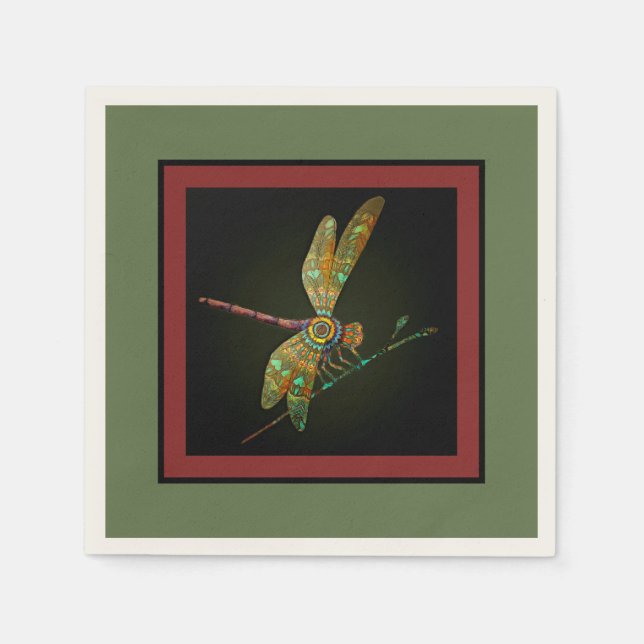 Jewel Tone Dragonfly Meets Mandala on Olive Green Napkins (Front)