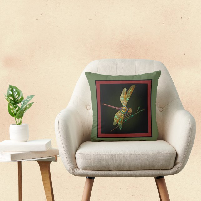 Jewel Tone Dragonfly Meets Mandala on Olive Throw Pillow (Creator Uploaded)