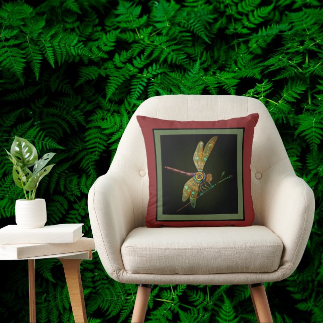 Jewel Tone Dragonfly Meets Mandala on Rust Throw Pillow (Creator Uploaded)