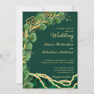 Jewel Tone Eucalyptus Emerald Green Agate Wedding Invitation