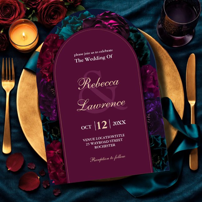 Jewel tone floral arched wedding invitation (Creator Uploaded)