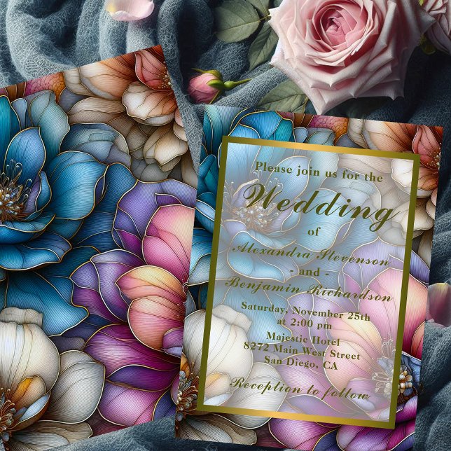 Jewel Tone Floral Gold Stained Glass Wedding Invitation (Creator Uploaded)