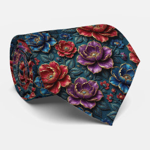 Jewel Tone Flowers with Gold Accents Neck Tie