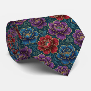 Jewel Tone Flowers with Gold Accents Neck Tie