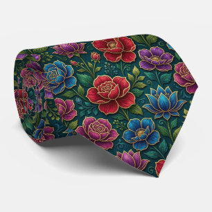 Jewel Tone Flowers with Gold Accents Neck Tie