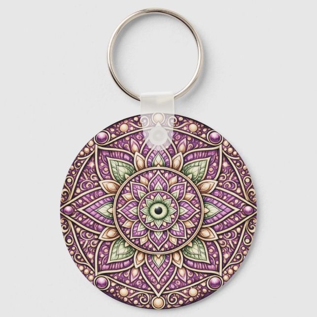 Jewel‑Tone Mandala Keychain – Colorful Geometric  (Front)