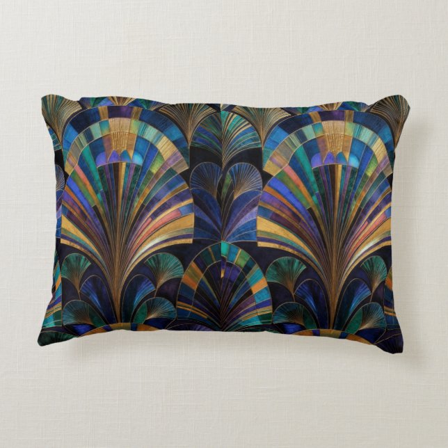Jewel Tone Peacock Blue Purple Gold Art Deco Accent Pillow (Back)