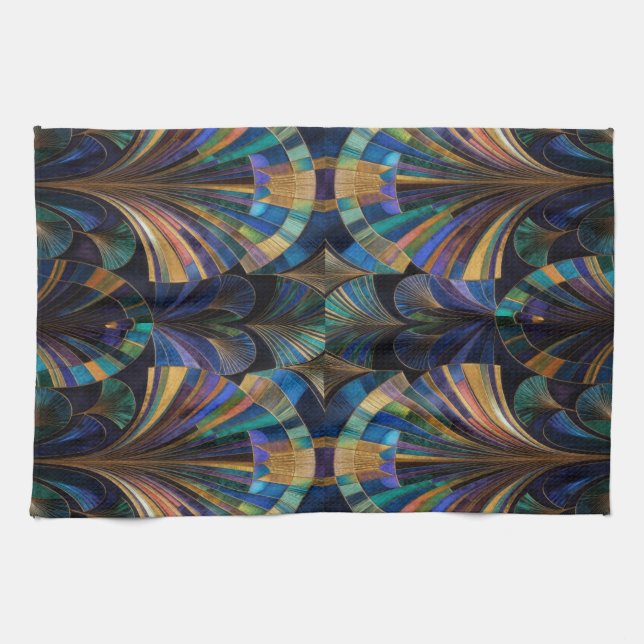 Jewel Tone Peacock Blue Purple Gold Art Deco Kitchen Towel (Horizontal)